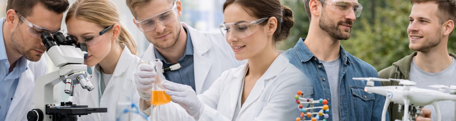 Gruppe von Naturwissenschaftlern, die an Experimenten und Technologien arbeiten.