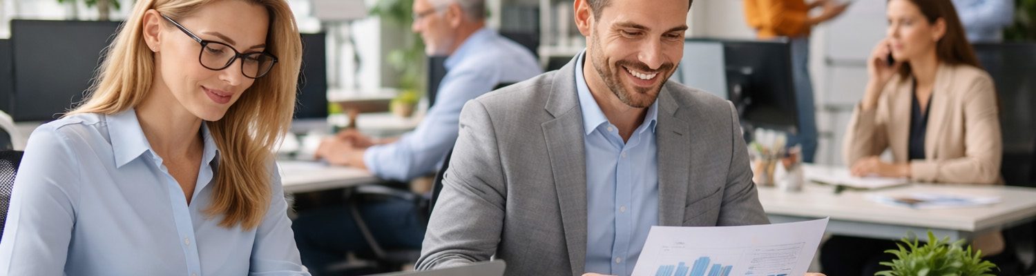 Zwei Personen am Tisch mit Dokumenten, einer lächelt, Büro im Hintergrund.
