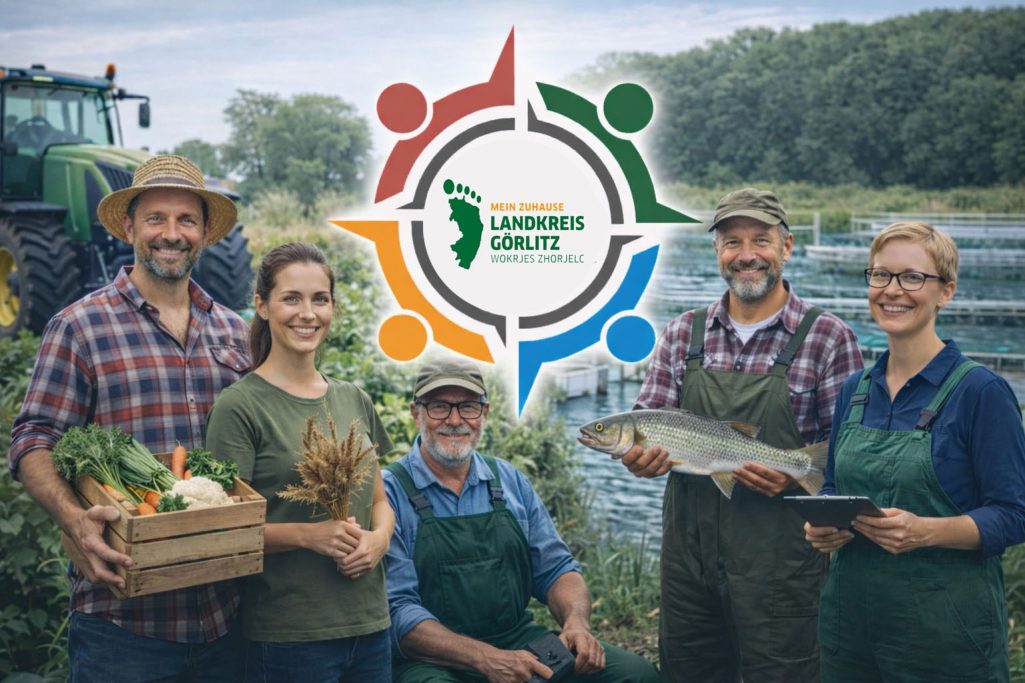 Berufe Landwirtschaft und Fischzucht Gruppierung von fünf Personen mit Gemüsekorb und Fisch am Wasser, umgeben von Natur.