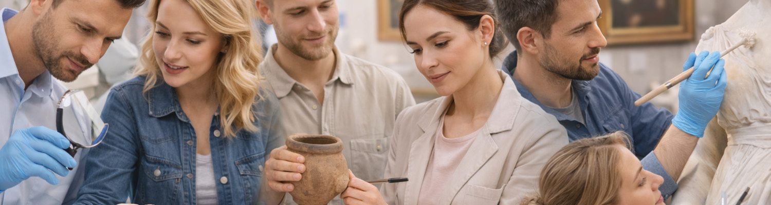 Gruppe von Menschen im Museum die Exponate restaurieren