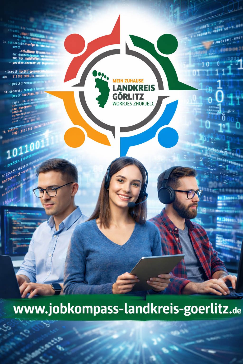Drei Fachkräfte arbeiten am Computer in einem digitalen Umfeld mit Logo vom Jobkompass