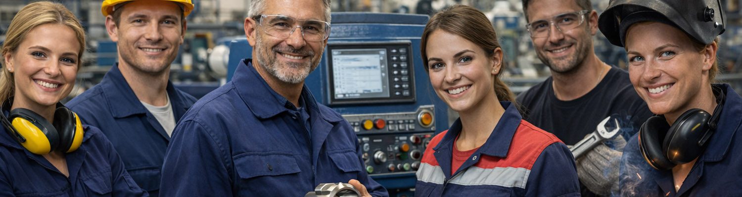 Gruppe von Metallbauern vor einer Maschine in einem Metallbauunternehmen