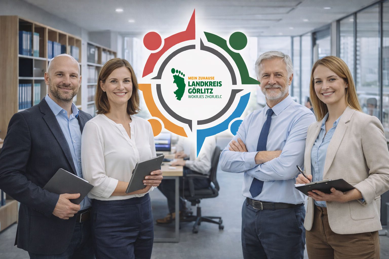 Vier Verwaltungsprofis stehen zusammen in einem modernen Büro, mit einem farbigen Logo im Hintergrund.