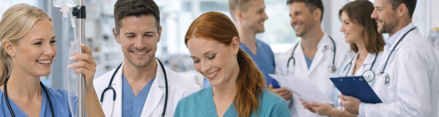 Jobs für medizinische Berufe und Pflege Ärzte und Pflegepersonal in einem Krankenhaus im Gespräch