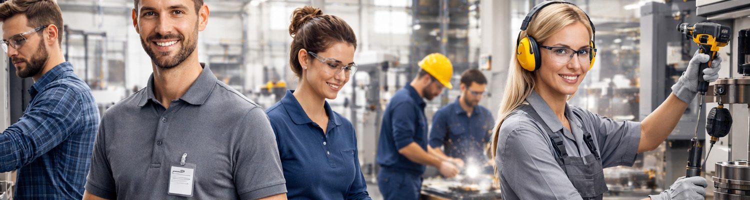Gruppe von Mitarbeitern in einem Produktionsbetrieb, alle in Arbeitskleidung.