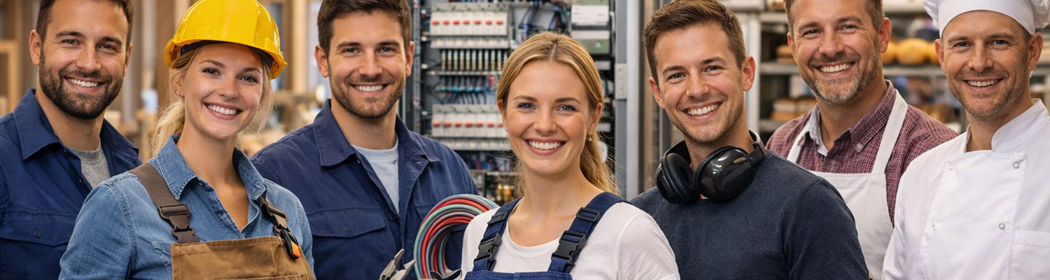 Gruppe von Handwerkern aus dem Elektrohandwerk und Fleischerhandwerk