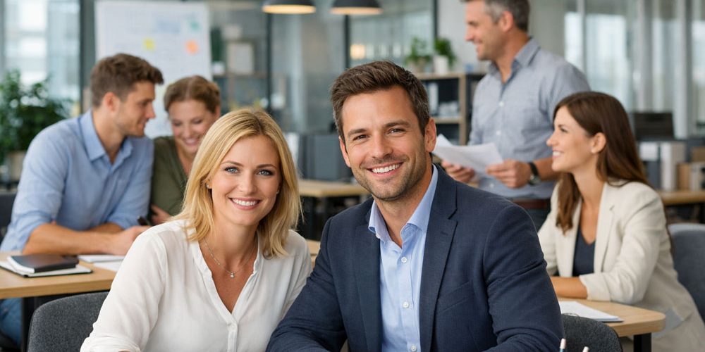 Berufe in der Verwaltung & Wirtschaft Zwei Mitarbeiter in der Verwaltung im Vordergrund, umgeben von Kollegen in einem modernen Büro.