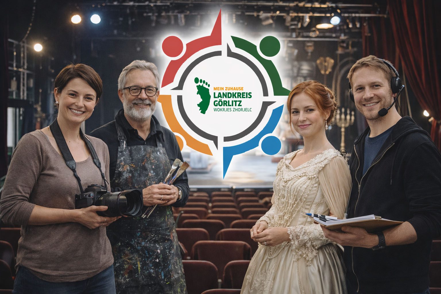Eine Gruppe von Künstlern und Kulturschaffenden steht im Theater vor einem Logo mit Jobkompass Landkreis Görlitz