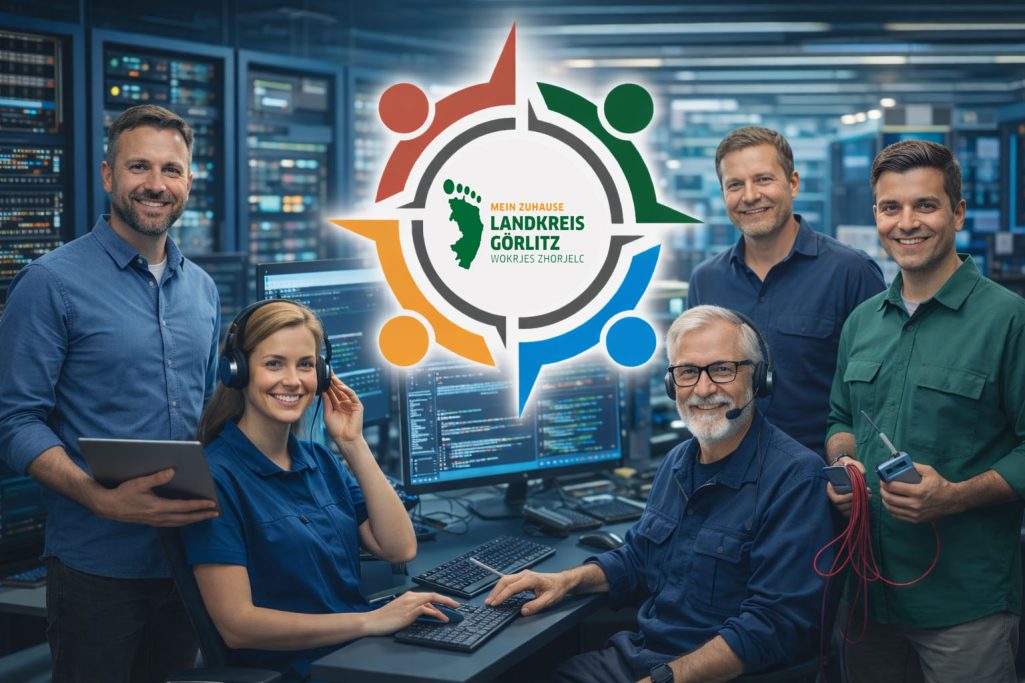 Berufe für IT und Informatik Sechs Personen in einem modernen IT-Umfeld mit technischem Equipment und einem Logo.