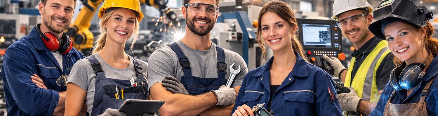 Gruppe von Mitarbeitern in einem Produktionsbetrieb, alle in Arbeitskleidung.