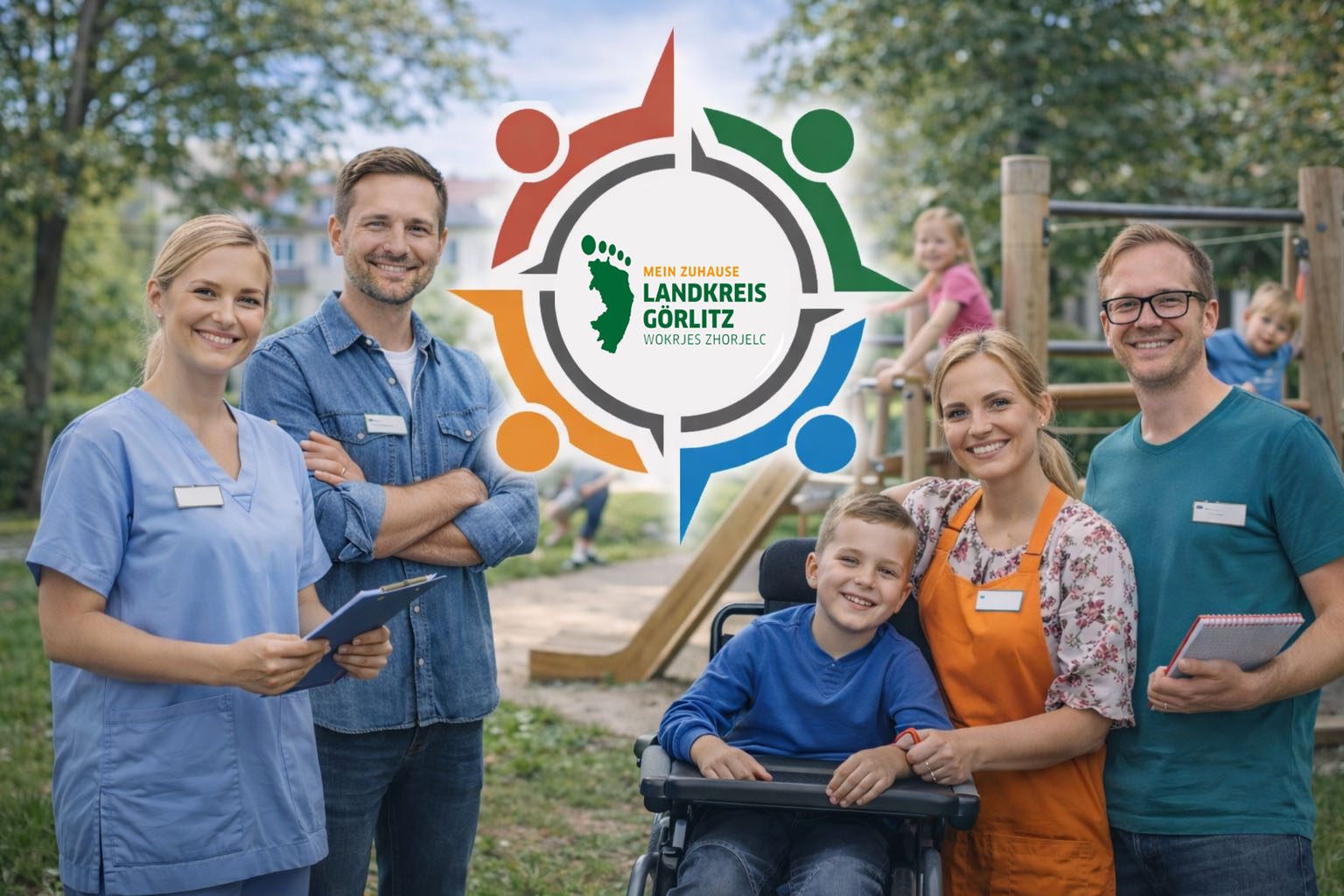 Fünf Sozialpägagogen lächeln auf einem Spielplatz im Hintergrund