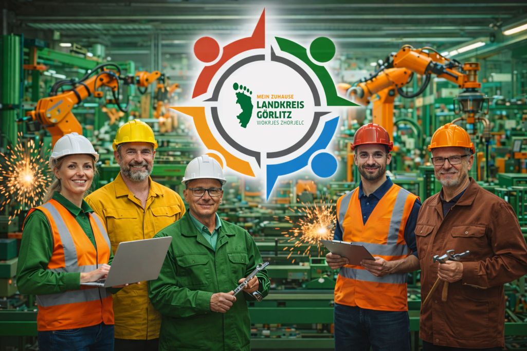 Jobs für Produktion und Fertigung Gruppe von Fachleuten in Schutzkleidung vor Industrierobotern mit Logo im Hintergrund.