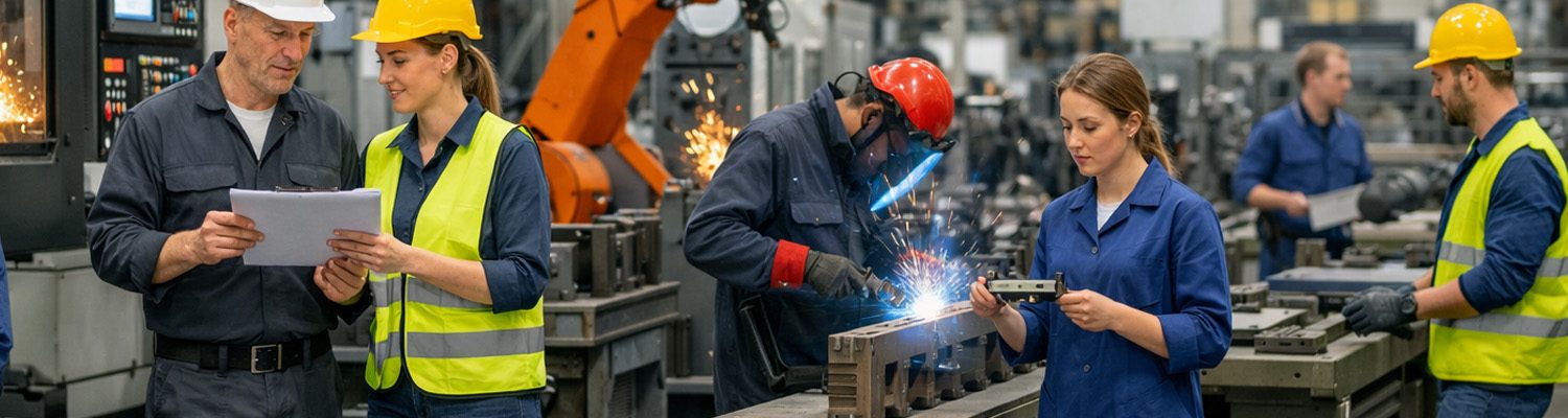 Maschinenbauer in einer montagehalle an Maschinen