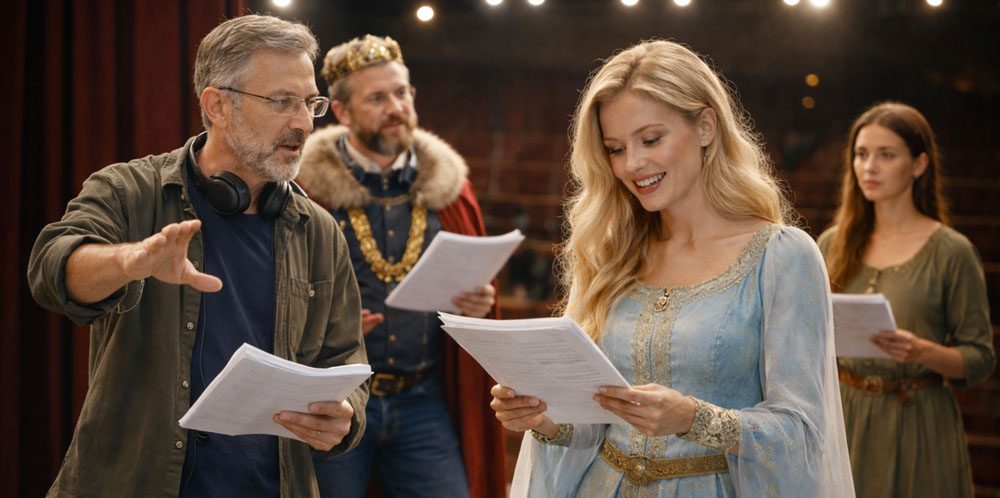 Schauspieler proben Szenen in historischen Kostümen auf der Theaterbühne.