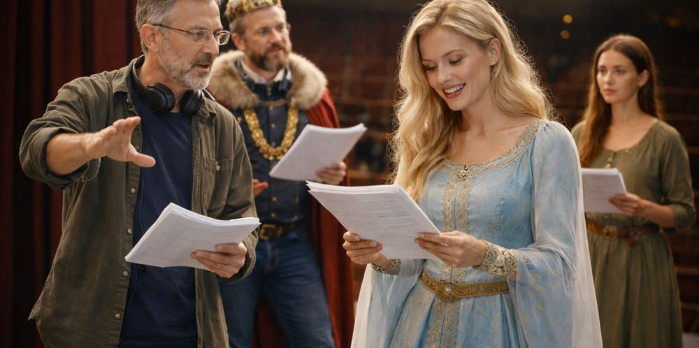 Berufe in Kunst, Kultur und Gestaltung Regisseur gibt Anweisungen, während Schauspielerinnen und Schauspieler Drehbuch lesen.