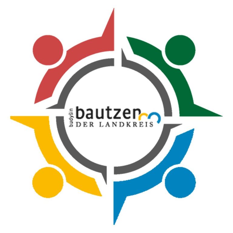 Logo von Bautzen mit bunten Symbolen von Menschen in einem Kreis.