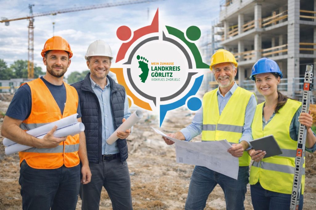 Berufe im Hochbau und Tiefbau Vier Bauarbeiter in Sicherheitskleidung halten Pläne auf einer Baustelle.