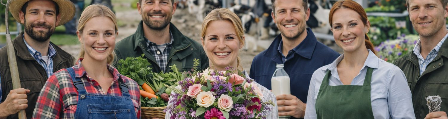 Gruppe von Landwirten und Gärtnerinnen mit Blumen und Gemüse