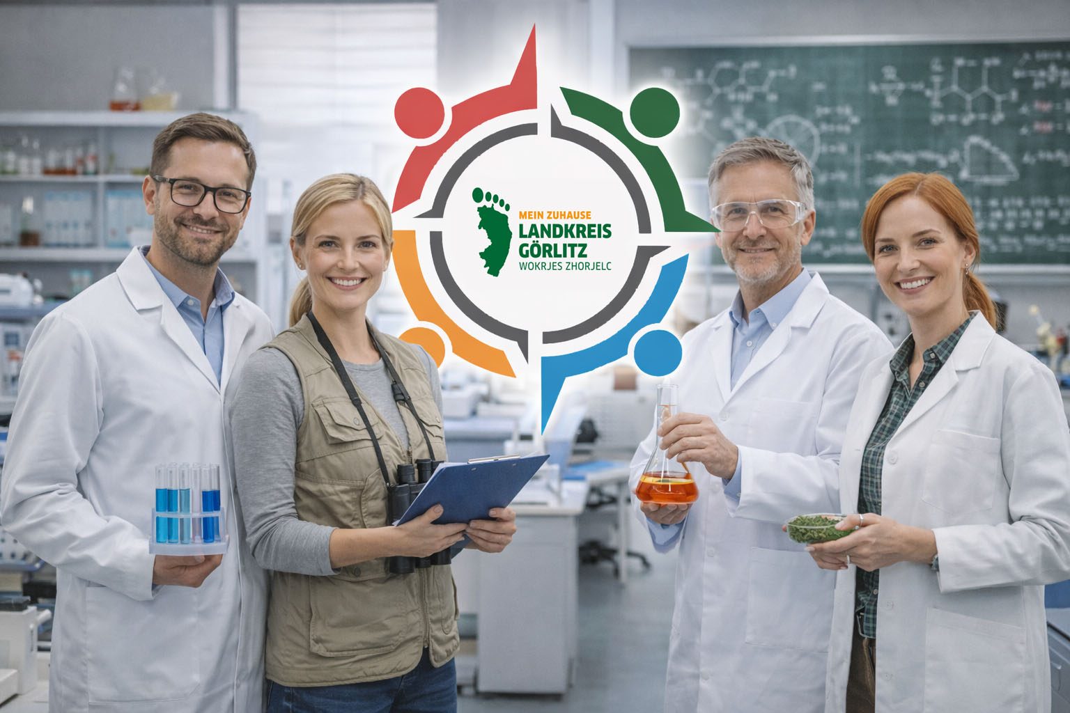 Vier Naturwissenschaftler in Laborkleidung stehen vor einem Schreibtisch mit wissenschaftlichen Materialien.