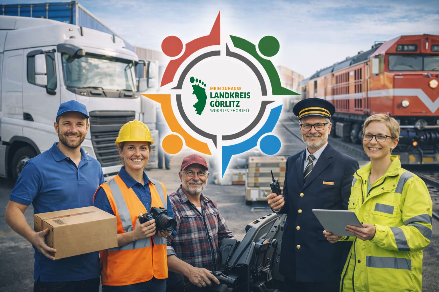 Fünf Personen in Arbeitskleidung, umgeben von Fahrzeugen, lächeln vor einem Logo.