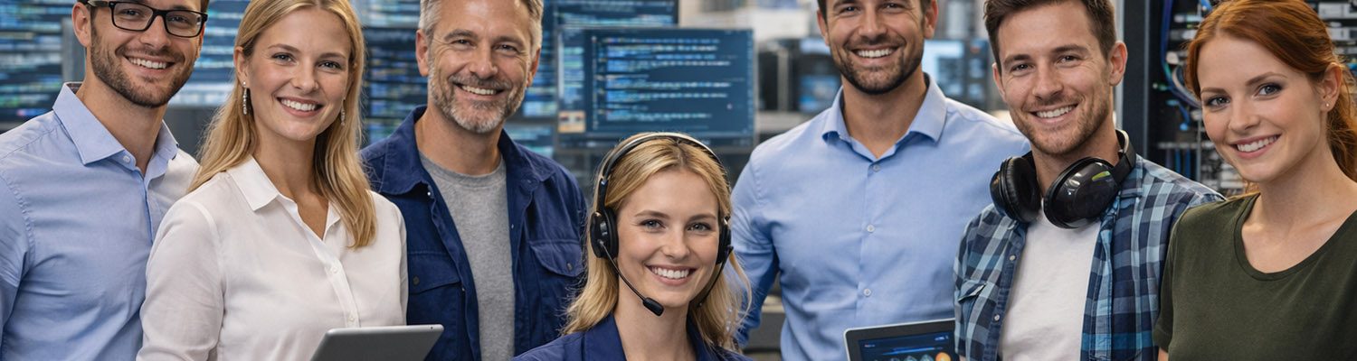 Gruppe von Mitarbeitern in einem Produktionsbetrieb, alle in Arbeitskleidung.