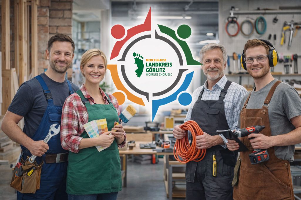 Berufe im Handwerk Vier Handwerker in einem Werkraum, umgeben von Werkzeugen und einem Logo im Hintergrund.