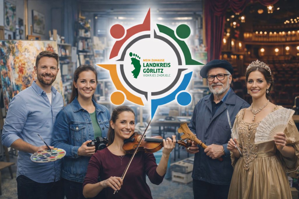 Berufe für Kunst und Kultur Fünf Personen mit Musikinstrumenten und Malutensilien vor farbenfrohem Hintergrund.