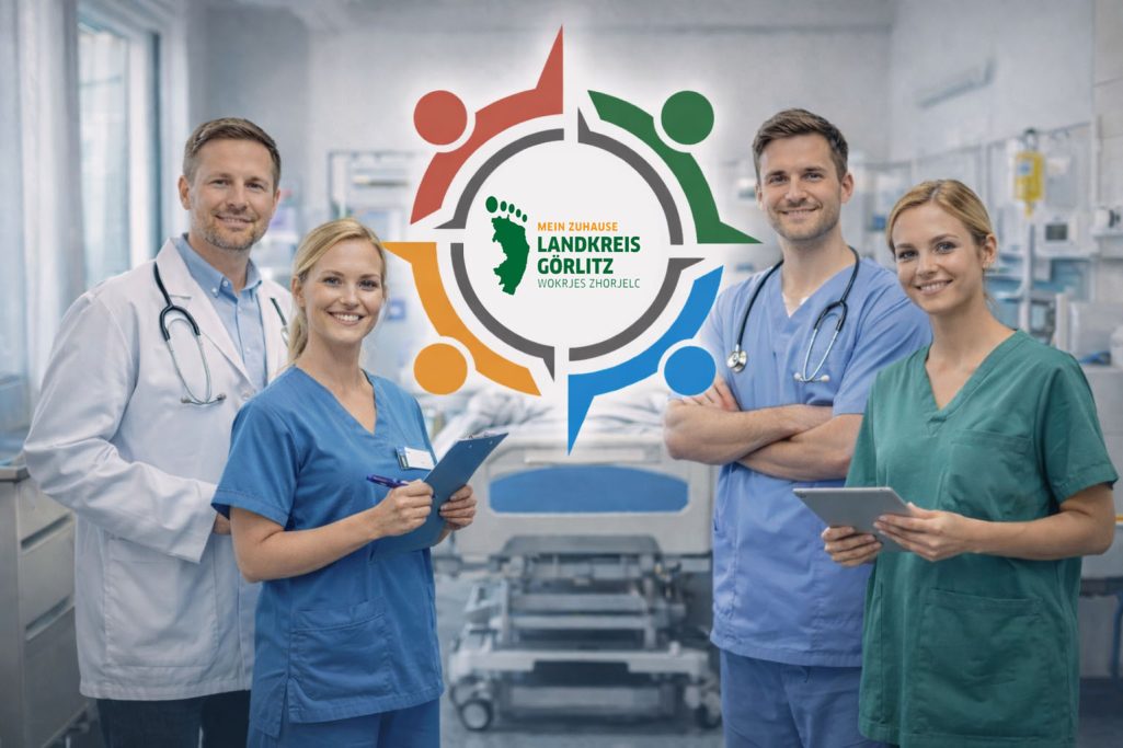 Berufe für Gesundheit und Pflege Ein Team von Ärzten und Pflegepersonal in einem Krankenhaus mit einem Logo im Hintergrund.