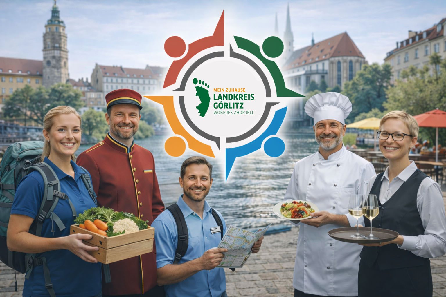 Gruppenszene mit Köchen und Gastronomiepersonal vor einer Stadtlandschaft, viele freuen sich.